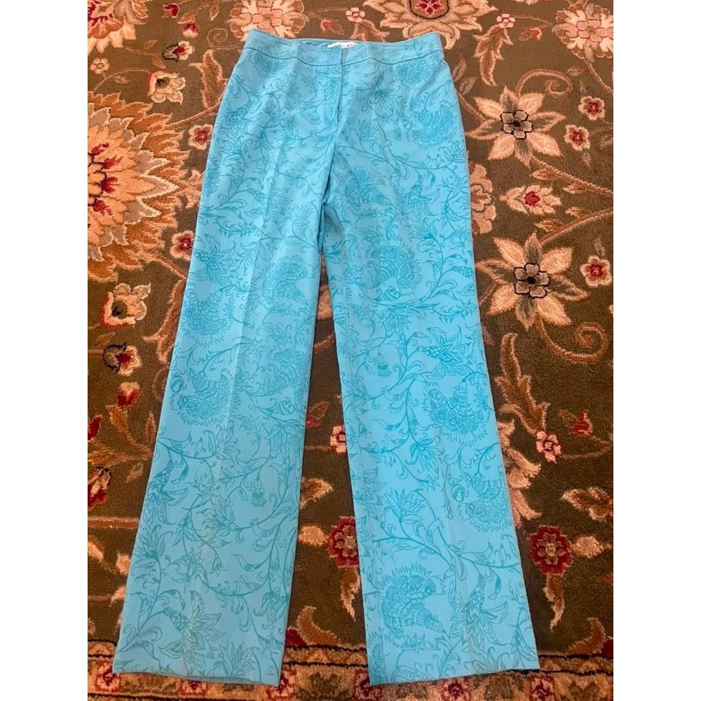 Rafael Turquoise Blue Floral Damask Wide Leg Dress Pants Womens Size 8 Trousers